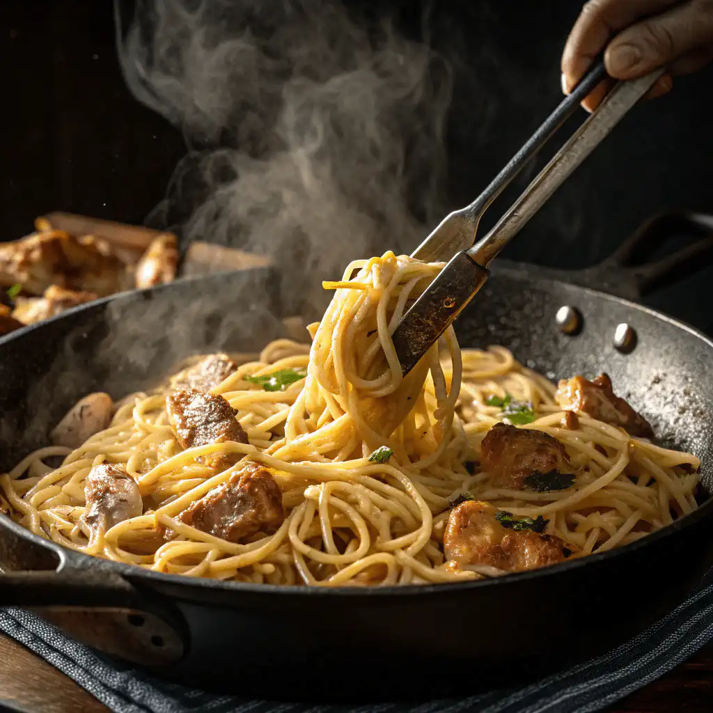 The Best Cowboy Butter Chicken Linguine 4 Tossing linguine and chicken in cowboy butter sauce
