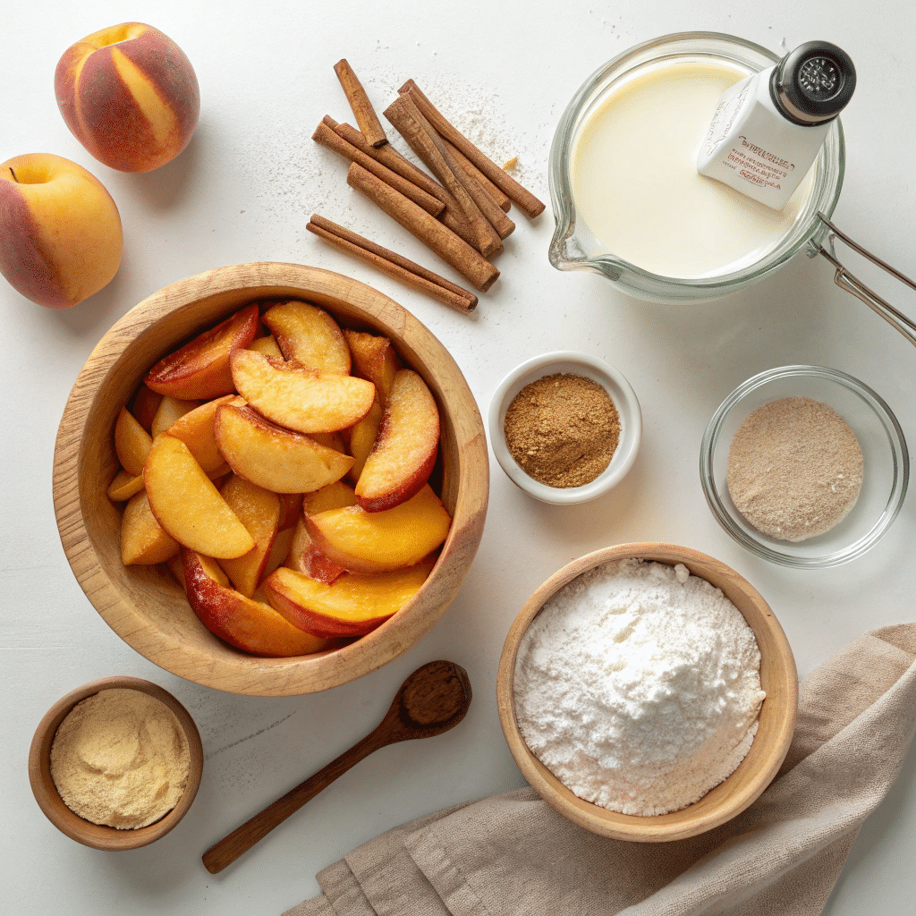 Sourdough Peach Cobbler - Sweet, Tangy & Easy Dessert 3 Sourdough cobbler ingredients neatly arranged