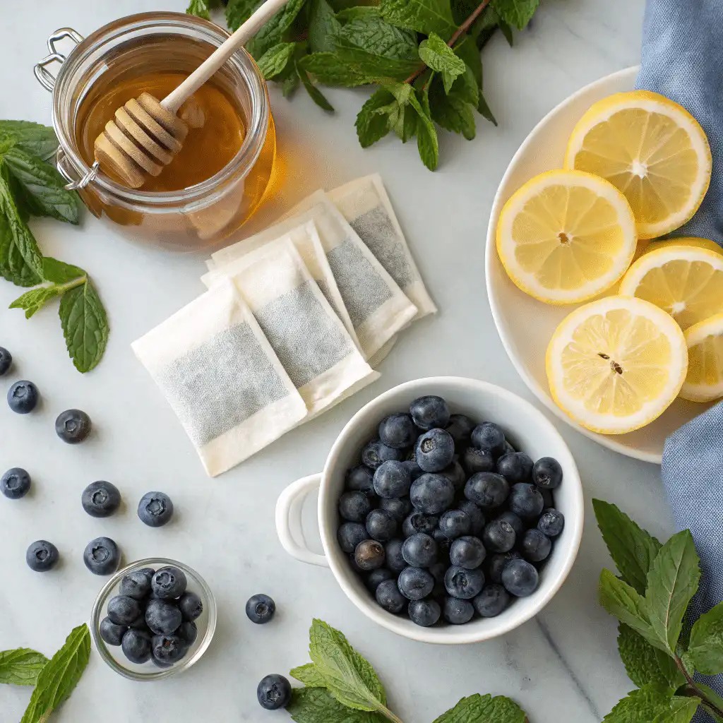 Blueberry iced tea ingredients displayed on a kitchen surface