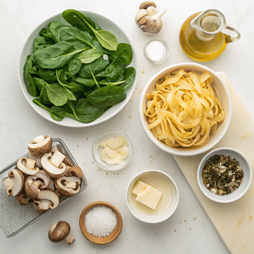 Spinach Mushroom Pasta: Creamy, Healthy & Delicious Recipe 3 Top-down view of ingredients for spinach mushroom pasta on a kitchen counter