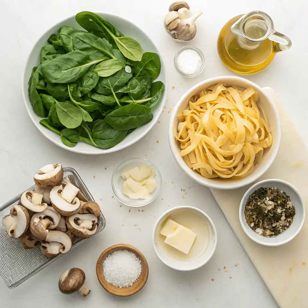 Top-down view of ingredients for spinach mushroom pasta on a kitchen counter