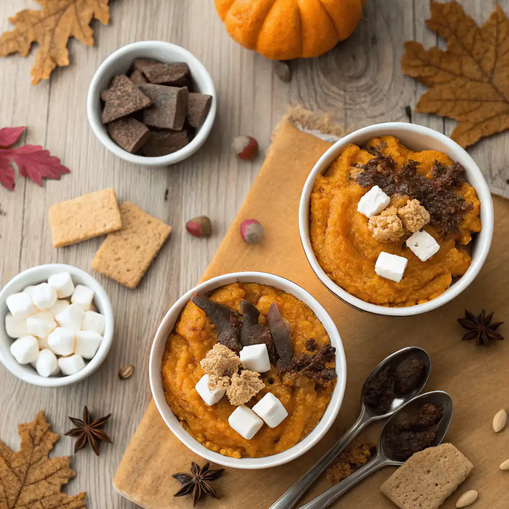 Ingredients for making pumpkin cookies on a wooden table