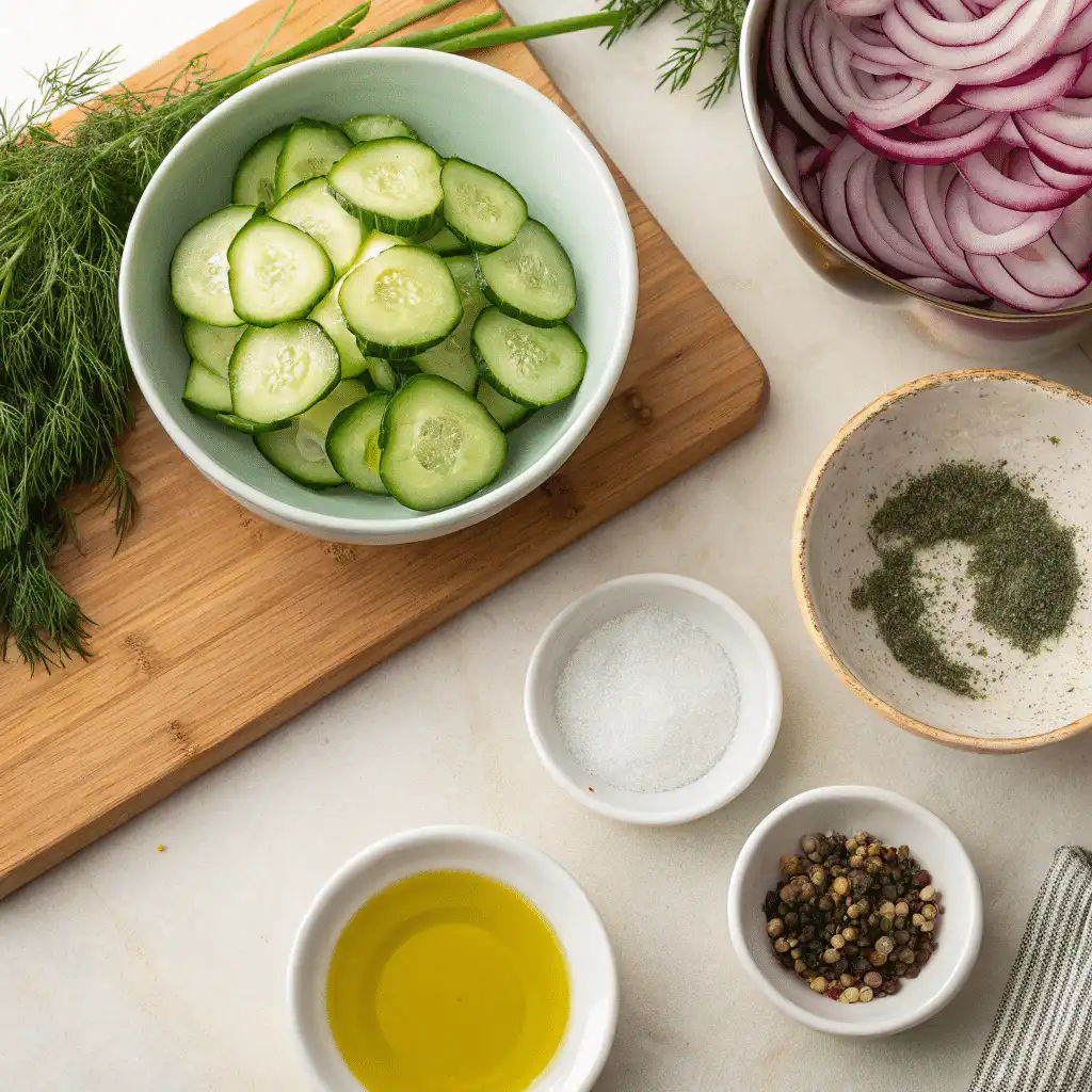 Ingredients for cucumber salad including cucumbers, onions, dill, vinegar, and olive oil laid out on a table