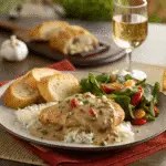 Creamy Smothered Chicken and Rice: The Ultimate Comfort Meal 5 Full dinner with creamy chicken, salad, and toast