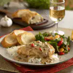 Full dinner with creamy chicken, salad, and toast
