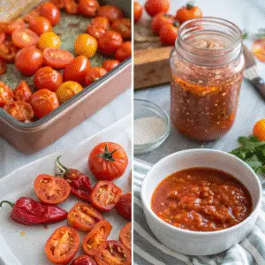 Steps showing how to make habanero salsa from fresh ingredients