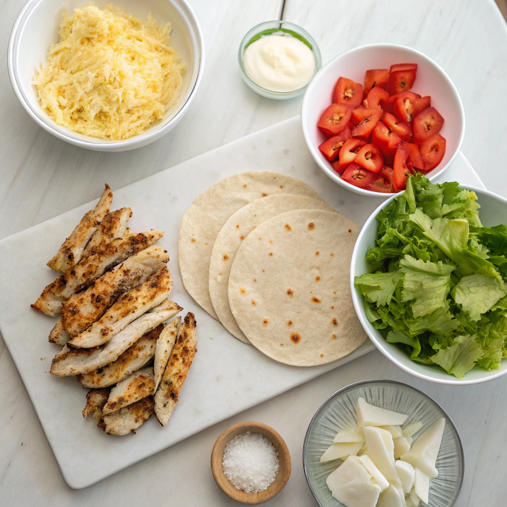 Cheesy Garlic Chicken Wraps: Easy Dinner in 20 Minutes 3 Flat lay of ingredients for cheesy garlic chicken wraps including chicken, cheese, tortillas, garlic, and greens