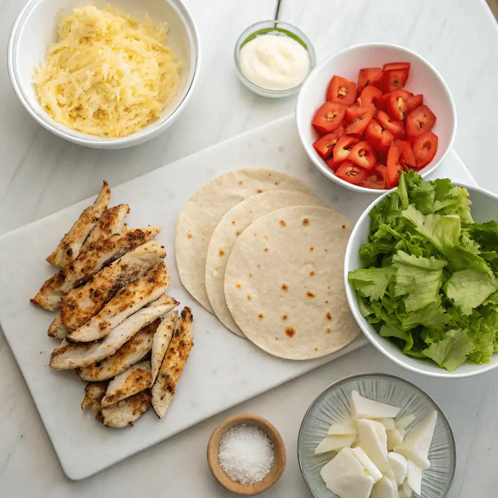 Flat lay of ingredients for cheesy garlic chicken wraps including chicken, cheese, tortillas, garlic, and greens