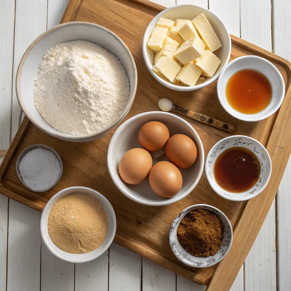 Ingredients for French toast cookies including cinnamon, maple syrup, and sugar arranged on a countertop