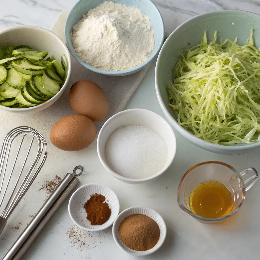 Baking ingredients for zucchini bread including grated zucchini, flour, eggs, and vanilla on a kitchen counter
