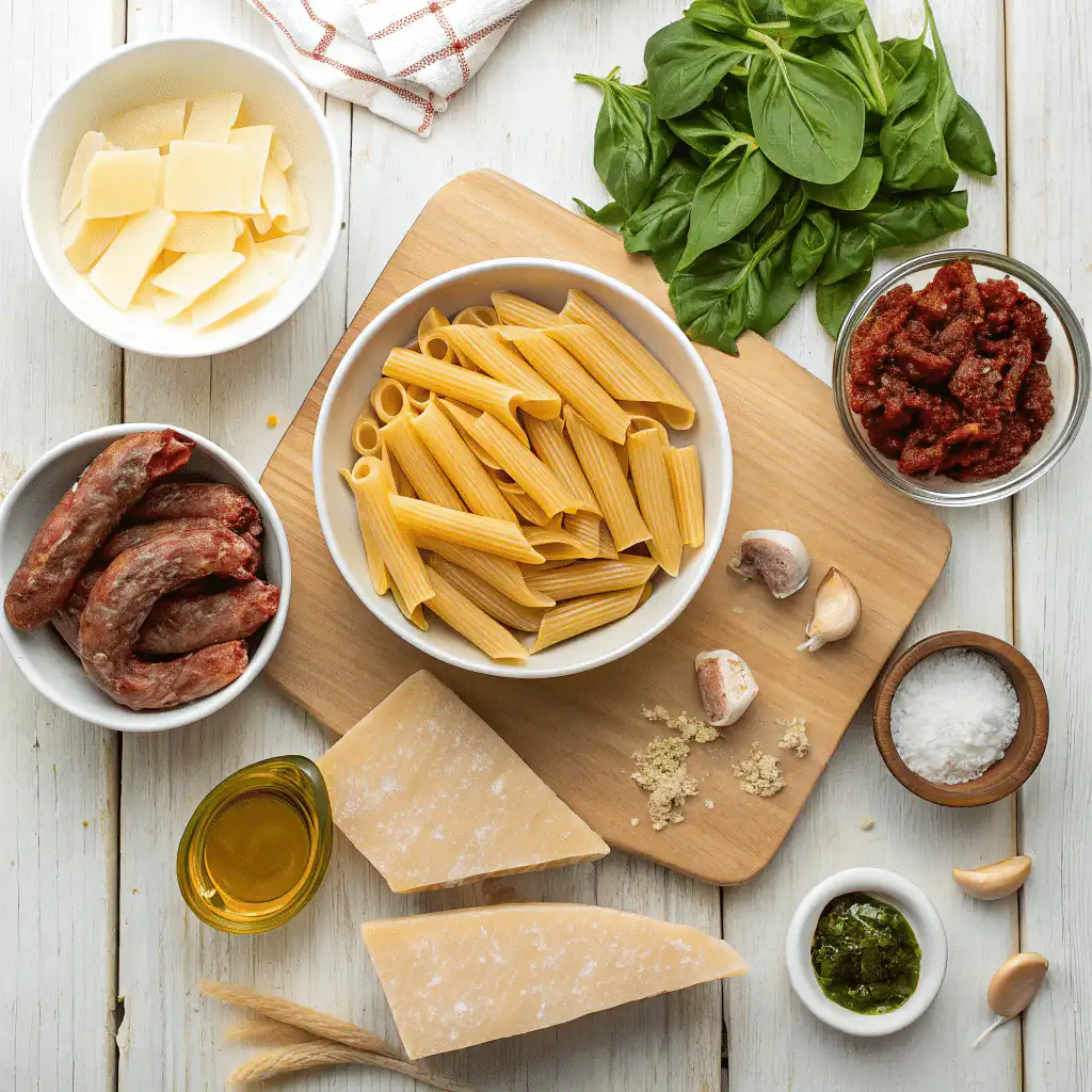 Ingredients for Tuscan sausage pasta including penne, sausage, spinach, garlic, and cream