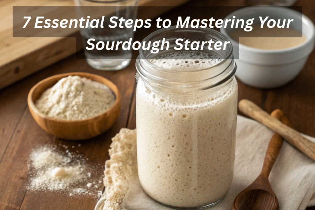 Glass jar of bubbly sourdough starter with rustic tools, flour, and water on wooden table, symbolizing feeding and troubleshooting steps