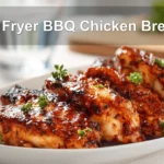 Air Fryer BBQ Chicken Breast plated on white napkin with glass of water warm glaze