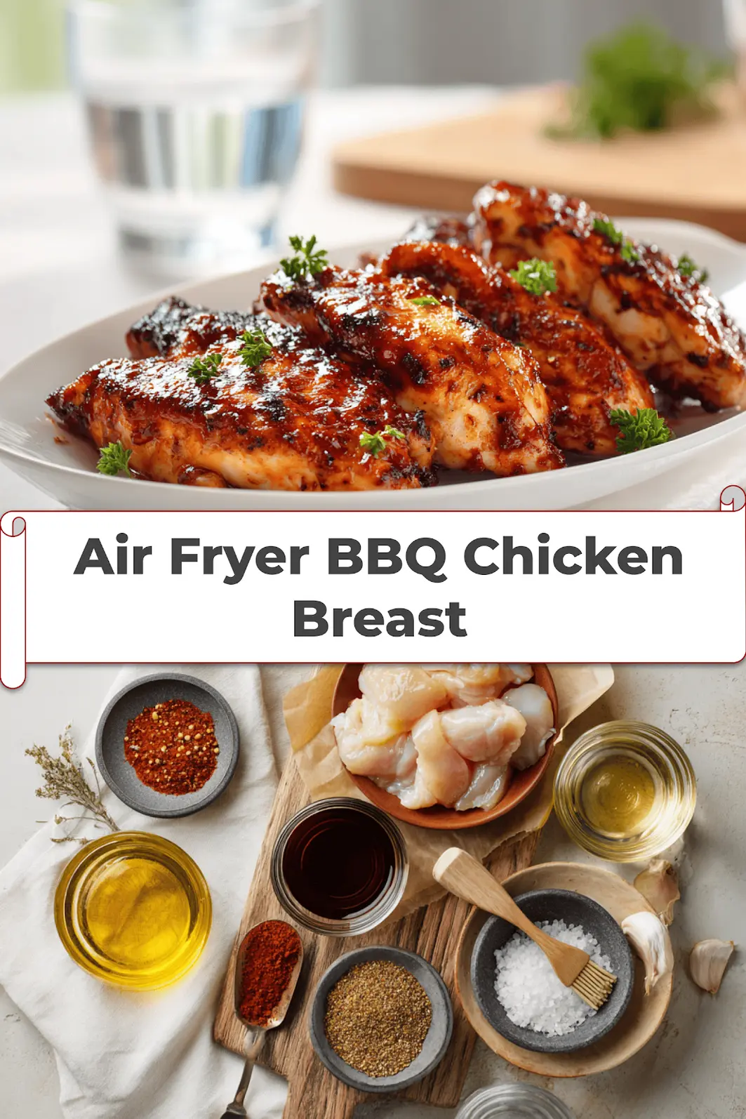 Air Fryer BBQ Chicken Breast: Perfect Every Time 5 Air Fryer BBQ Chicken Breast plated on white napkin with glass of water warm glaze_pin