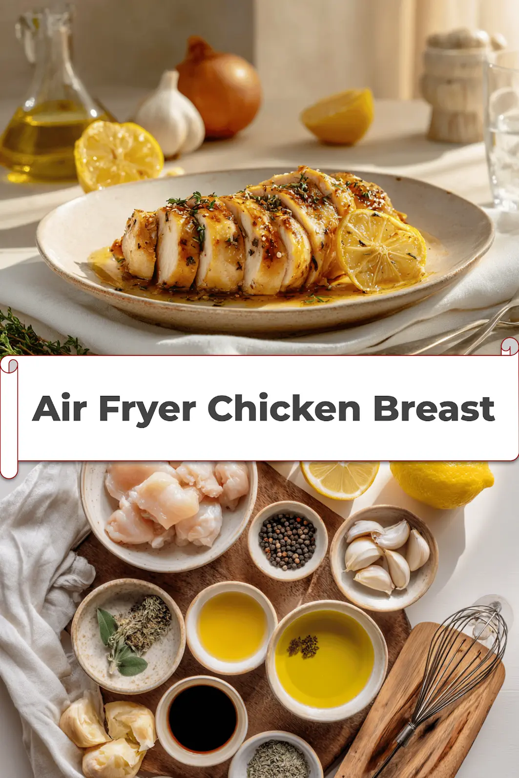 Air Fryer Chicken Breast: Perfectly Juicy Every Time 5 Air Fryer Chicken Breast on plate with golden chicken pieces lemon balsamic glaze_pin