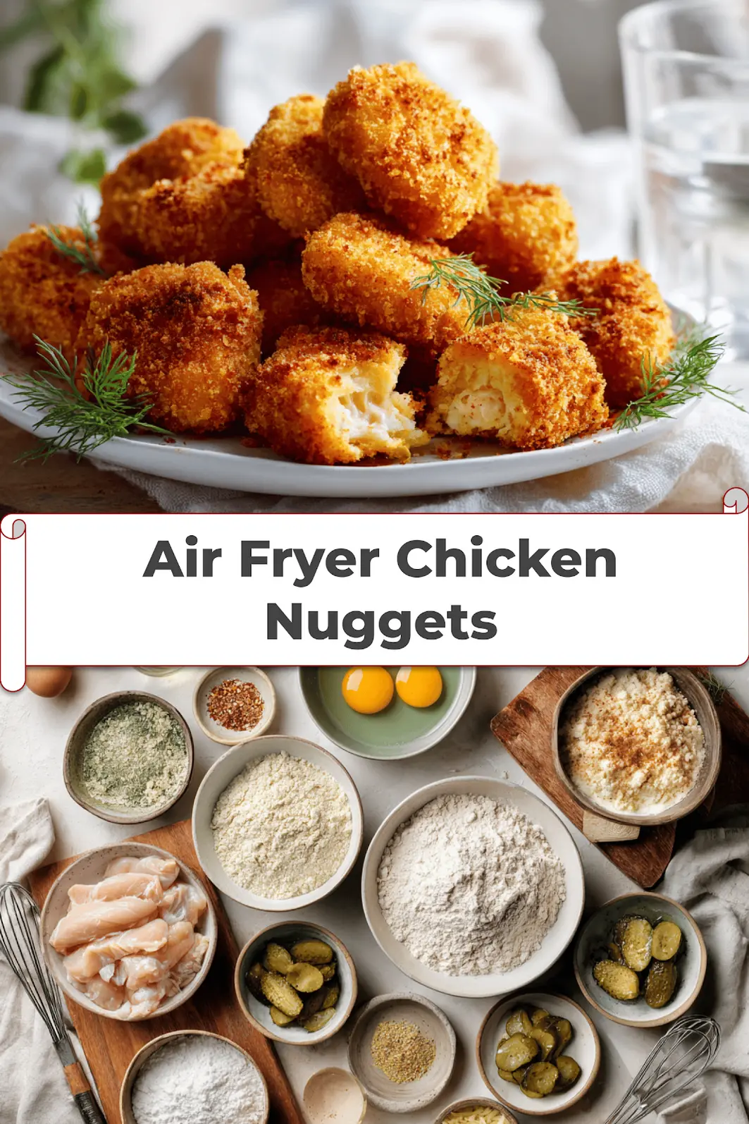 Air Fryer Chicken Nuggets: A Quick & Delicious Treat 5 Air Fryer Chicken Nuggets on white napkin with pickles and glass of water_pin