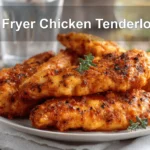Air Fryer Chicken Tenderloins plated on white cloth napkin with clear glass of water and herbs