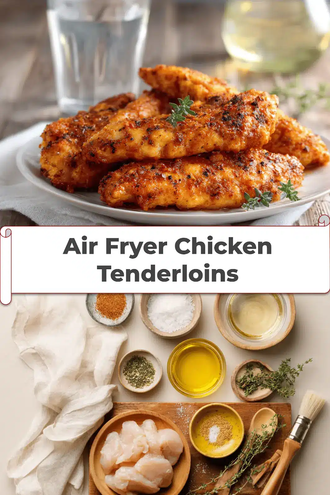 Air Fryer Chicken Tenderloins: Easy and Irresistible Recipe 5 Air Fryer Chicken Tenderloins plated on white cloth napkin with clear glass of water and herbs_pin