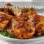 Air Fryer Chicken Thighs golden crisp skin served on white cloth with glass of water