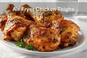 Air Fryer Chicken Thighs golden crisp skin served on white cloth with glass of water