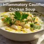 Anti Inflammatory Cauliflower Chicken Soup warm bowl garnished with fresh herbs and creamy coconut drizzle
