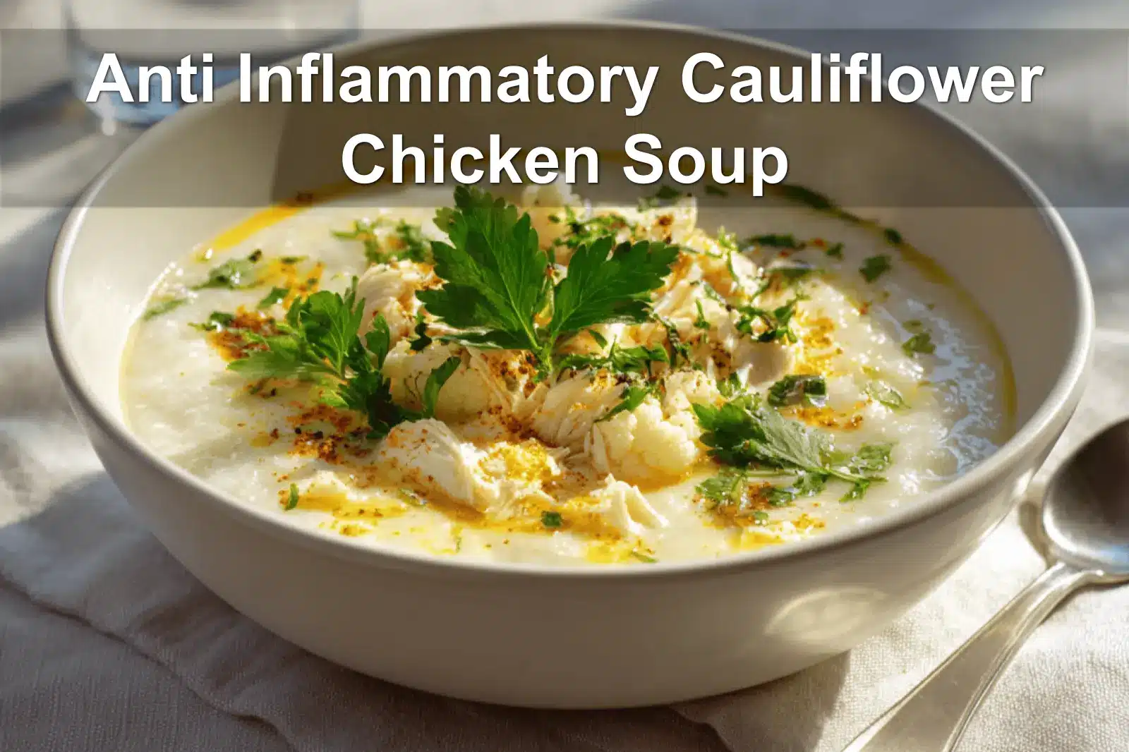 Anti Inflammatory Cauliflower Chicken Soup warm bowl garnished with fresh herbs and creamy coconut drizzle