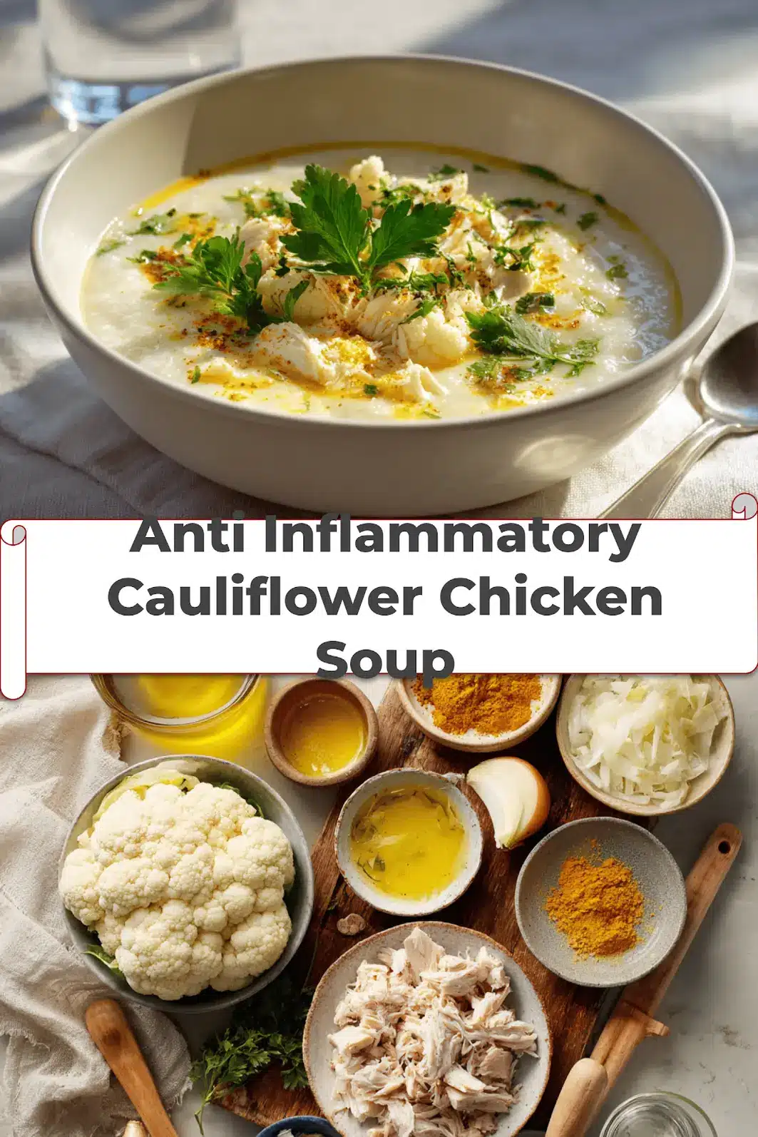 Anti-Inflammatory Cauliflower Chicken Soup Recipe Idea 5 Anti Inflammatory Cauliflower Chicken Soup warm bowl garnished with fresh herbs and creamy coconut drizzle_pin