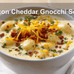 Bacon Cheddar Gnocchi Soup, creamy, garnished with bacon and cheddar, perfect comfort food.