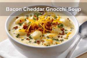 Bacon Cheddar Gnocchi Soup, creamy, garnished with bacon and cheddar, perfect comfort food.