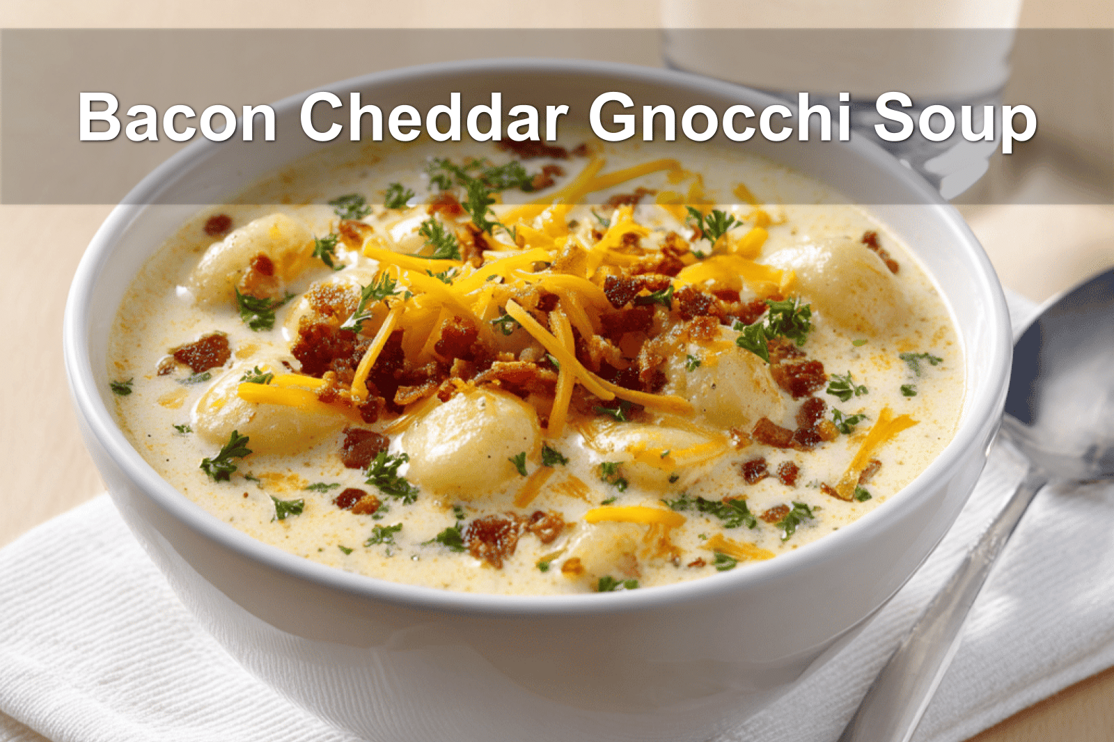 Bacon Cheddar Gnocchi Soup, creamy, garnished with bacon and cheddar, perfect comfort food.