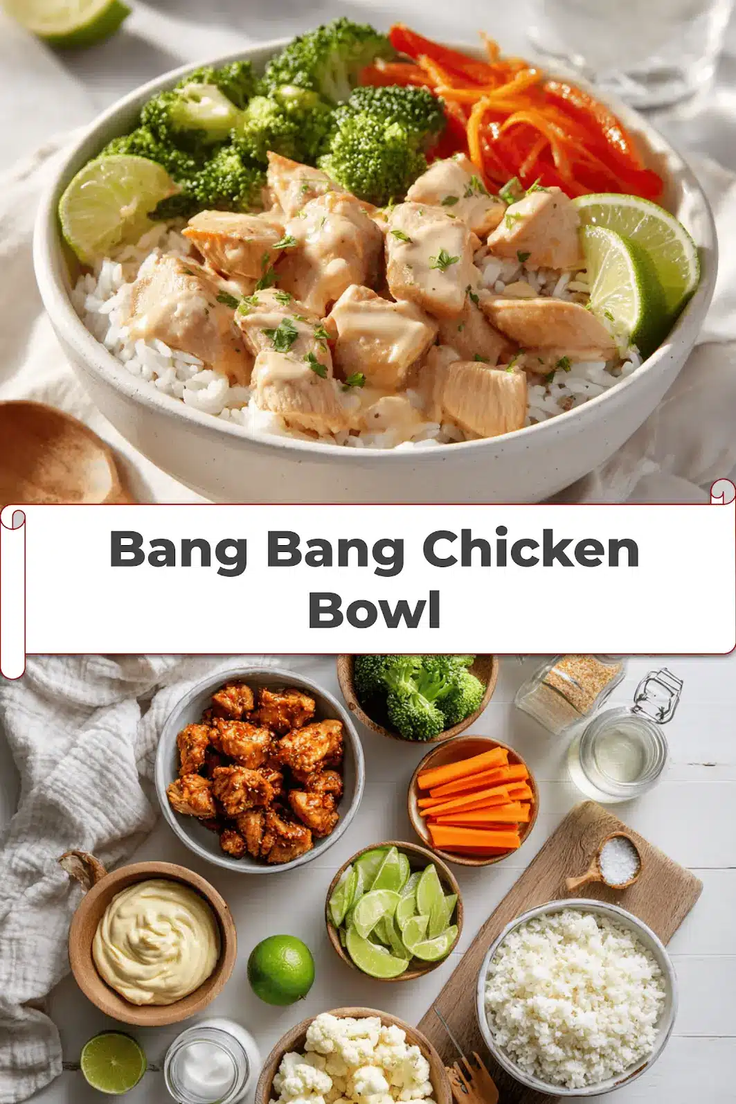 Bang Bang Chicken Bowl Irresistible Flavor Explosion 5 Bang Bang Chicken Bowl with tender-cooked chicken pieces rice cauliflower rice vegetables zesty creamy sauce lime_pin