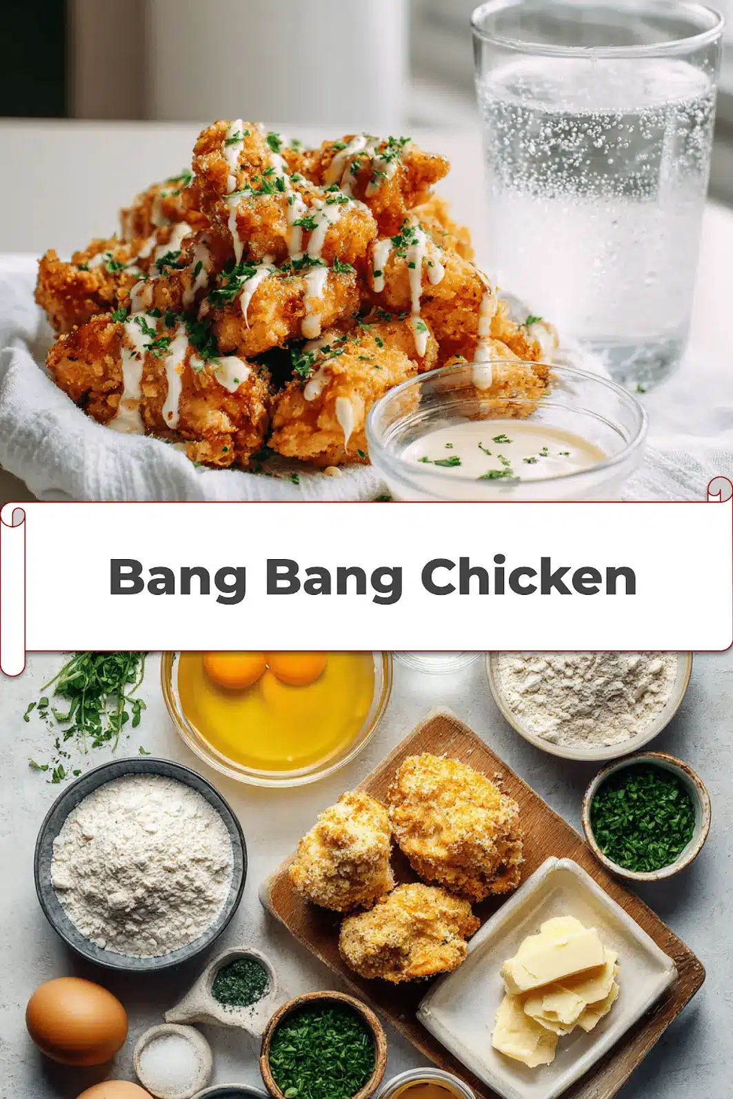 Bang Bang Chicken: Easy, Delicious Recipe to Love 5 Bang Bang Chicken golden crispy pieces drizzled with sauce and fresh herbs on white cloth_pin