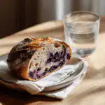Plated slice of blueberry sourdough bread with natural lighting