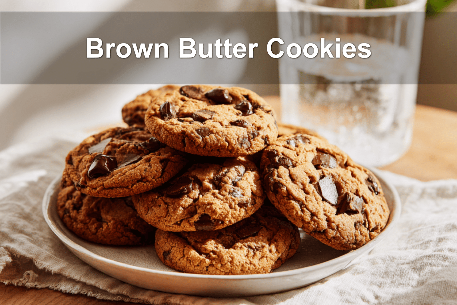 Brown Butter Chocolate Chip Cookies on a white napkin with glass of water nearby.
