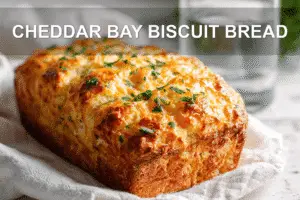 CHEDDAR BAY BISCUIT BREAD loaf on white napkin, warm light, golden crust, glass of water beside.
