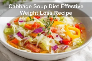 Cabbage Soup Diet Effective Weight Loss Recipe hearty bowl on white cloth with clear glass of water