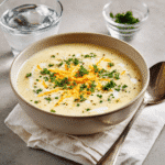 Plated cheddar garlic herb potato soup with fresh garnishes in a cozy, elegant setting.