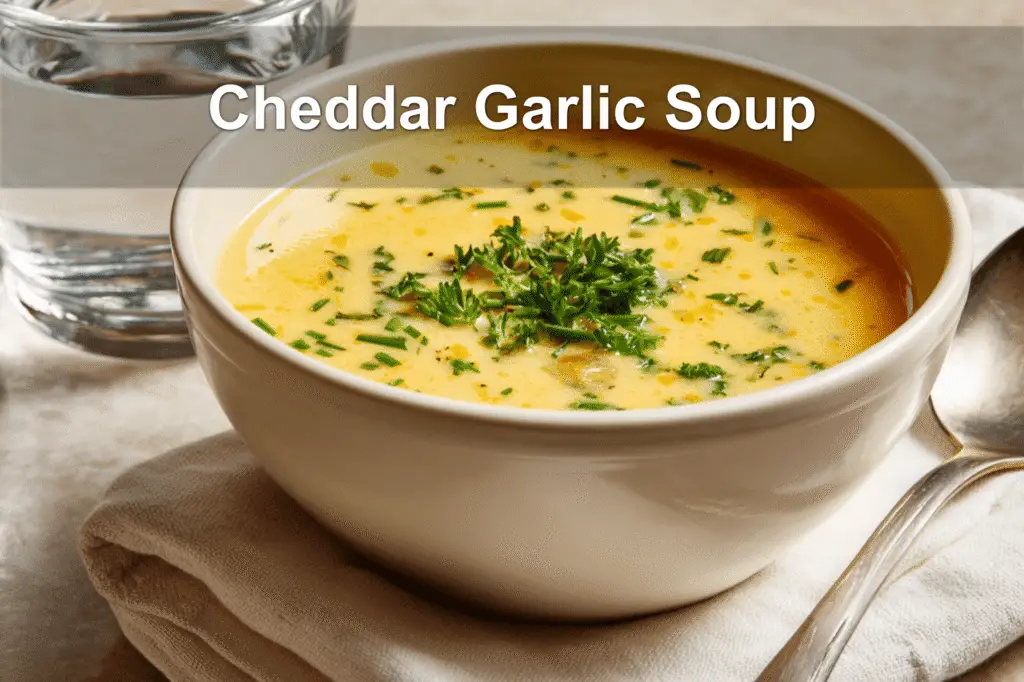 Cheddar garlic herb potato soup in a cozy, beautifully lit setting.