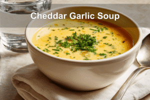 Cheddar Garlic Herb Potato Soup – Comfort in Every Bite Cheddar garlic herb potato soup in a cozy, beautifully lit setting.