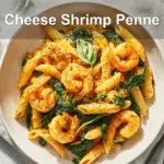 Cheese Shrimp Penne Pasta & Spinach - Easy, Creamy Recipe 4 Cheese Shrimp Penne Pasta & Spinach with creamy spinach on a white napkin setup.
