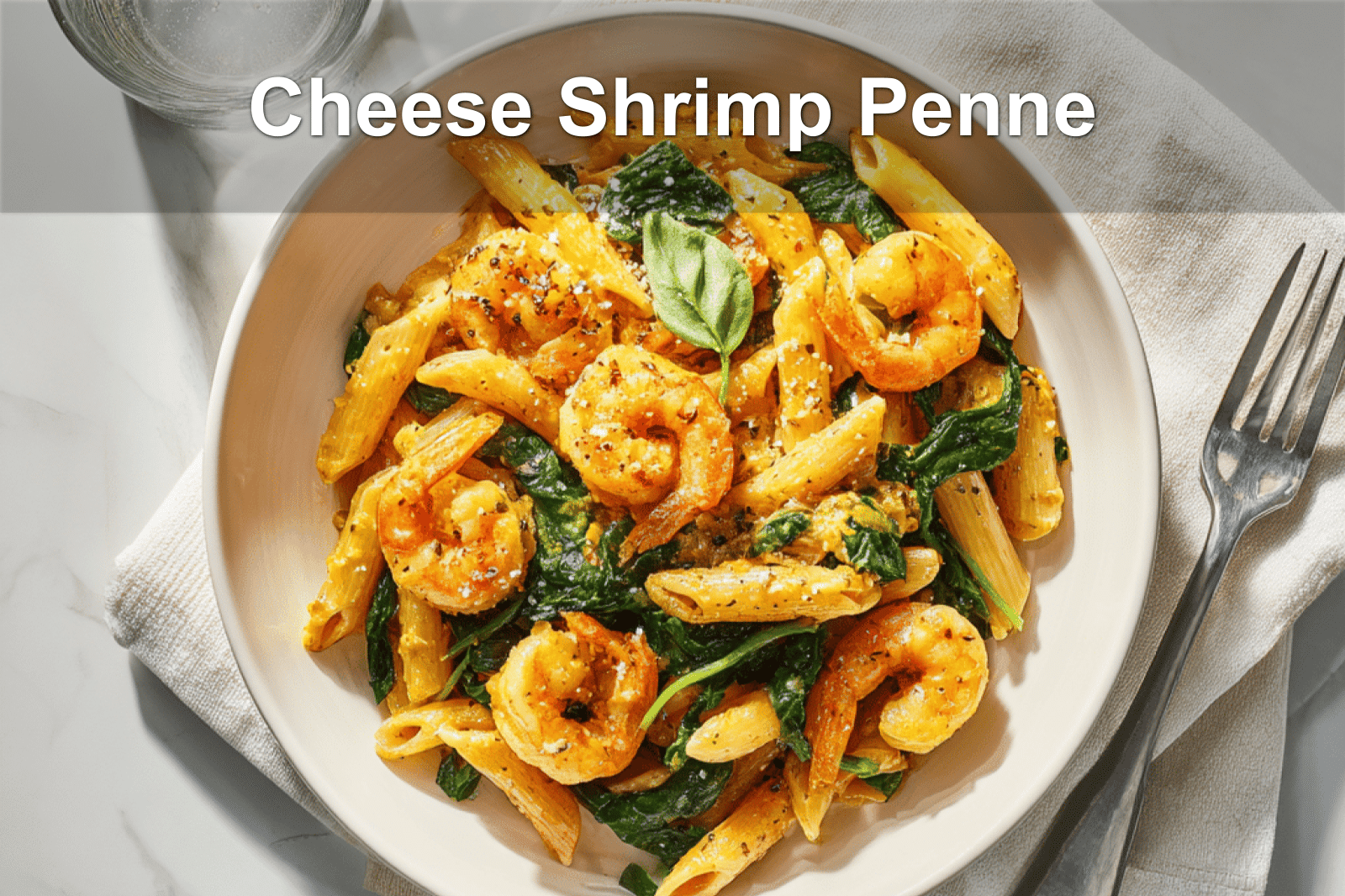 Cheese Shrimp Penne Pasta & Spinach with creamy spinach on a white napkin setup.
