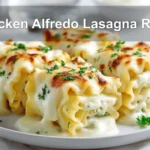 Chicken Alfredo Lasagna Rolls with fresh herbs on a plate, glass of water beside it