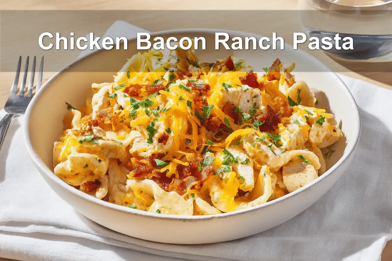 Chicken Bacon Ranch Pasta served in a creamy, colorful and appetizing arrangement