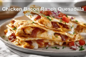 Chicken Bacon Ranch Quesadilla on white napkin with glass of water and sliced view