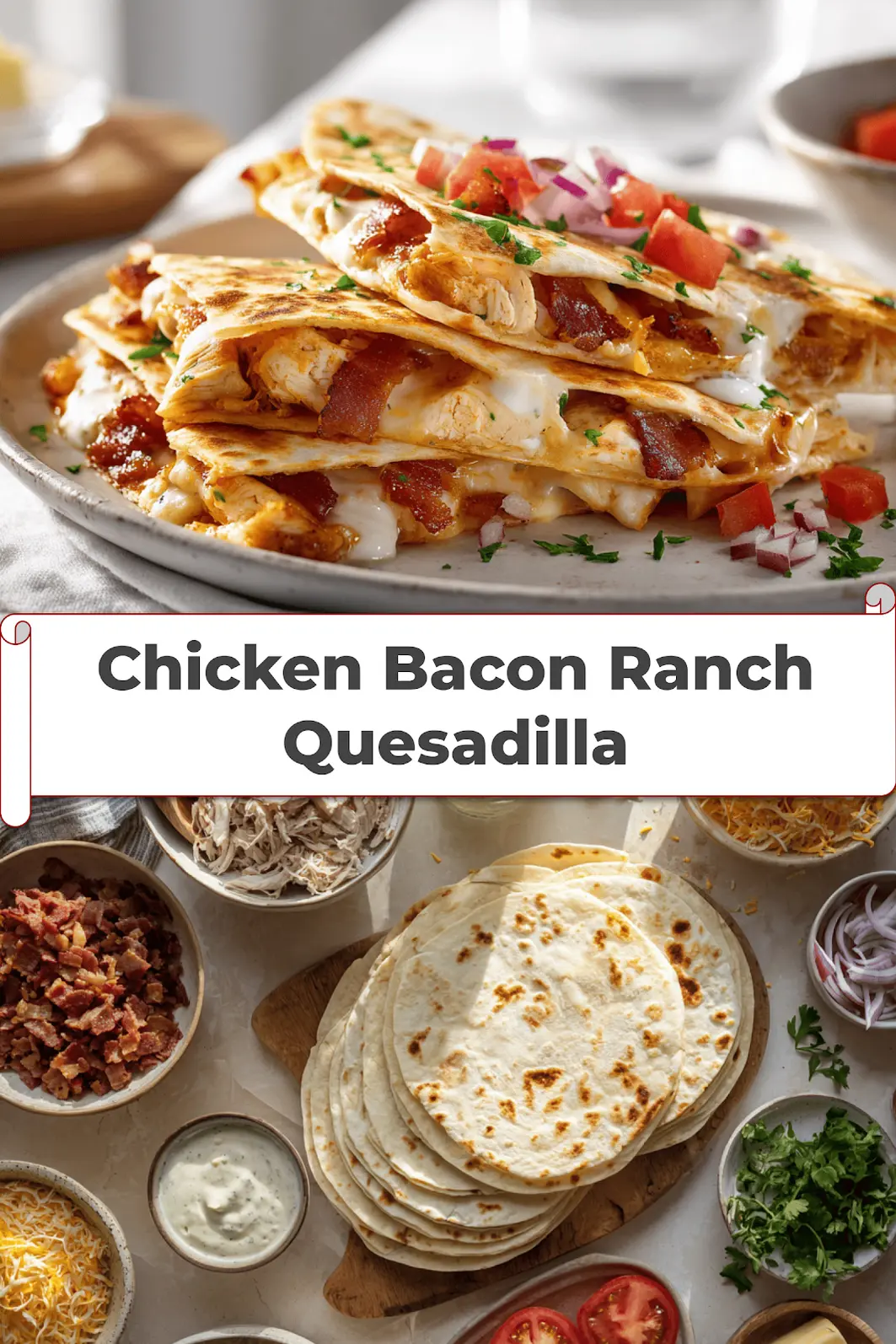 Chicken Bacon Ranch Quesadilla Easy Recipe Delight 5 Chicken Bacon Ranch Quesadilla on white napkin with glass of water and sliced view_pin