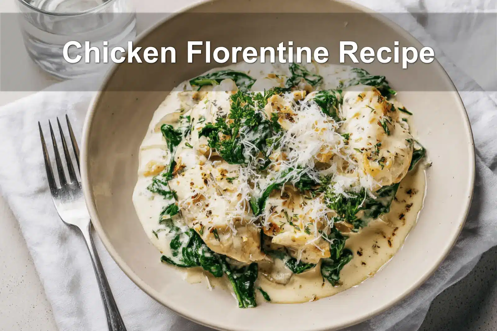 Chicken Florentine Recipe finished dish on white cloth with clear glass of water warm natural light