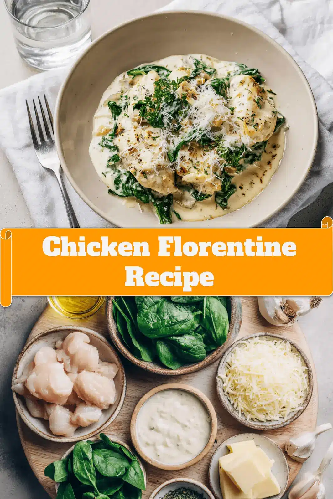 Chicken Florentine Recipe: Easy Comfort Food Delight 5 Chicken Florentine Recipe finished dish on white cloth with clear glass of water warm natural light_pin