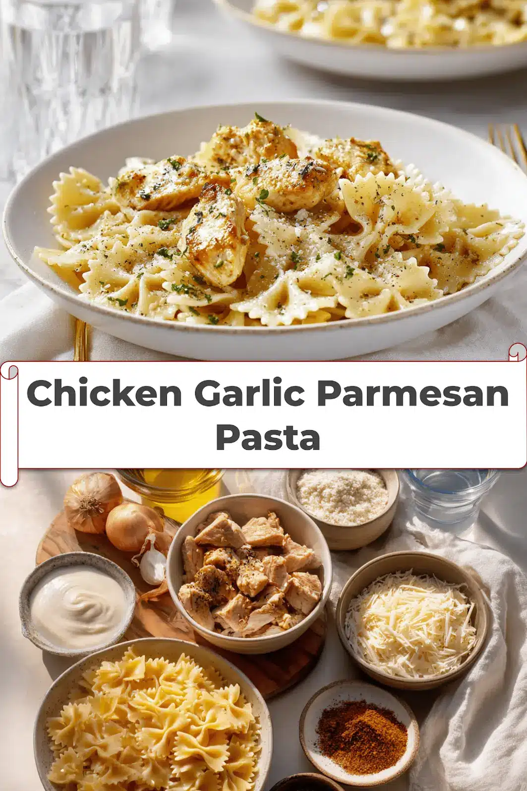 Chicken Garlic Parmesan Pasta plated with farfalle and grated cheese on white napkin beside clear water glass_pin