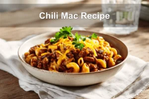 Chili Mac Recipe featuring gooey cheese, hearty chili, and macaroni in a comforting one-pot dinner.