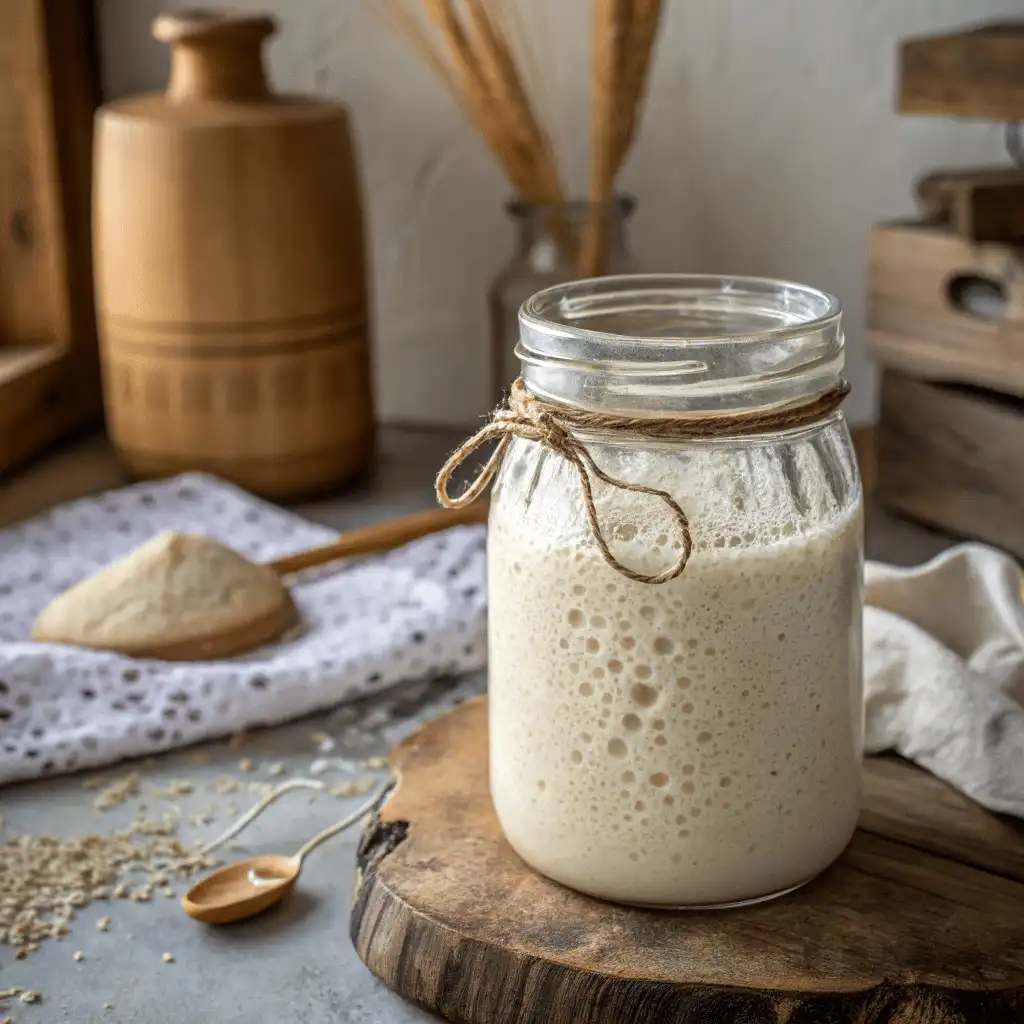 7 Essential Steps to Mastering Your Sourdough Starter: From Feeding to Troubleshooting 3 Transparent jar with bubbly sourdough starter and rubber band marking growth line